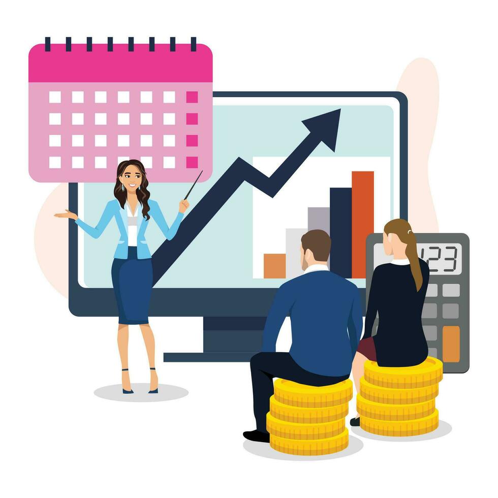 Business class teacher trainer woman workshop teaching strategy young business students audience group using whiteboard flipchart diagrams, charts in classroom. vector