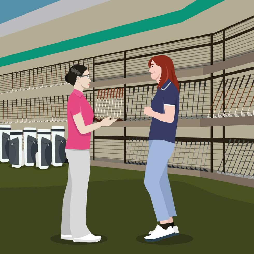 Store manager talk to her employee in a golf store or shop. vector