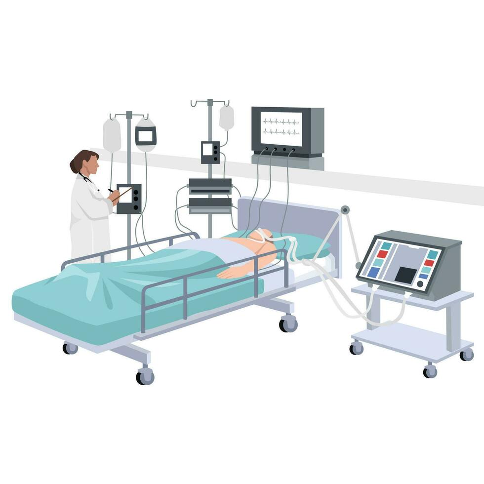 Intensive care unit clinic with air oxygen sensor for medical ventilation. Treatment of patient. vector
