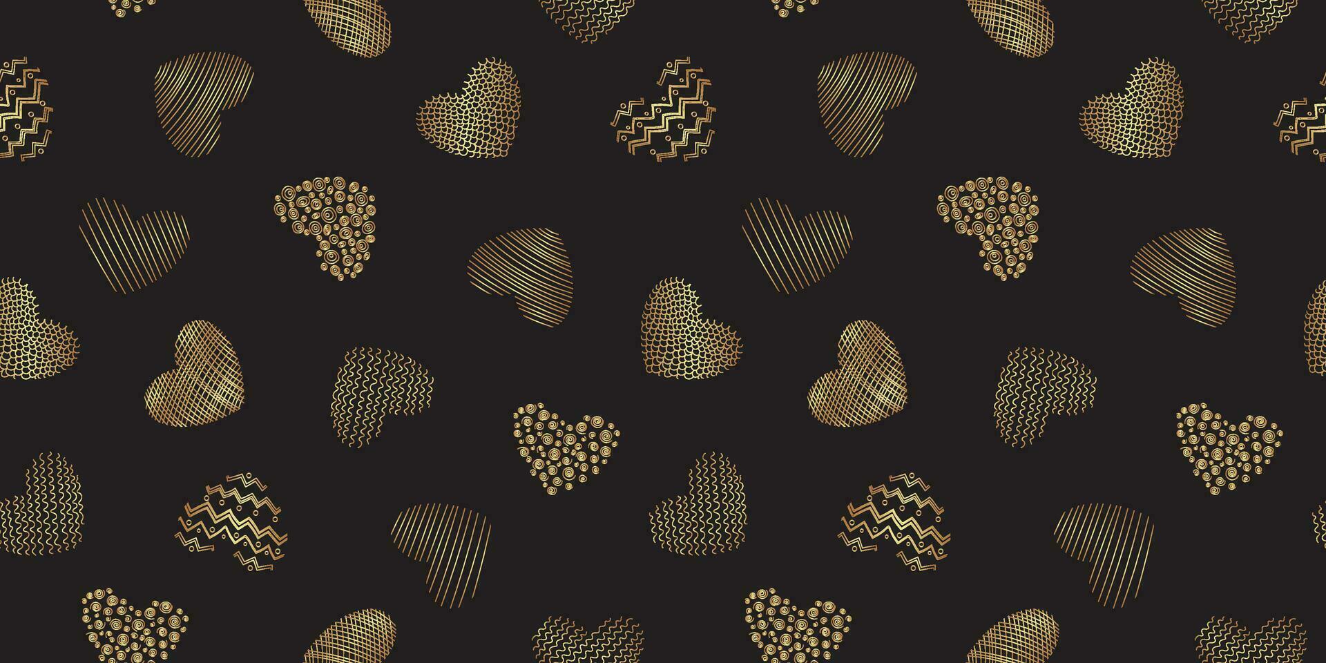 Golden hearts on dark background seamless pattern vector illustration. Luxurious elegant pattern. Hand drawn decorative gold heart for gift packaging, wrapping paper, textile. Valentine day.