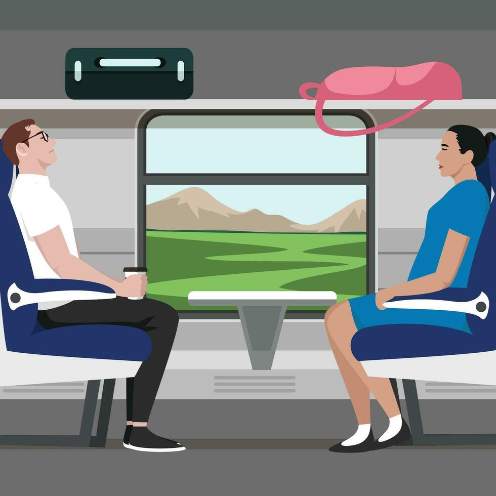 pasajeros de viaje por tren, plano vector ilustración. turistas, contento masculino, hembra dibujos animados caracteres sentado en cómodo asientos dentro tren. público transporte.