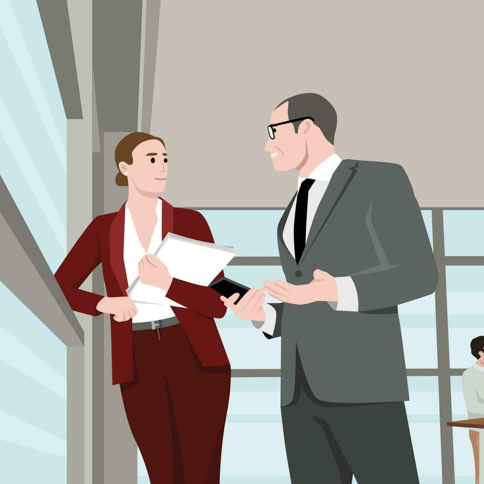 Man and woman partners characters in business environment tiny person concept. Official office suit outfit for businessman and businesswoman. vector