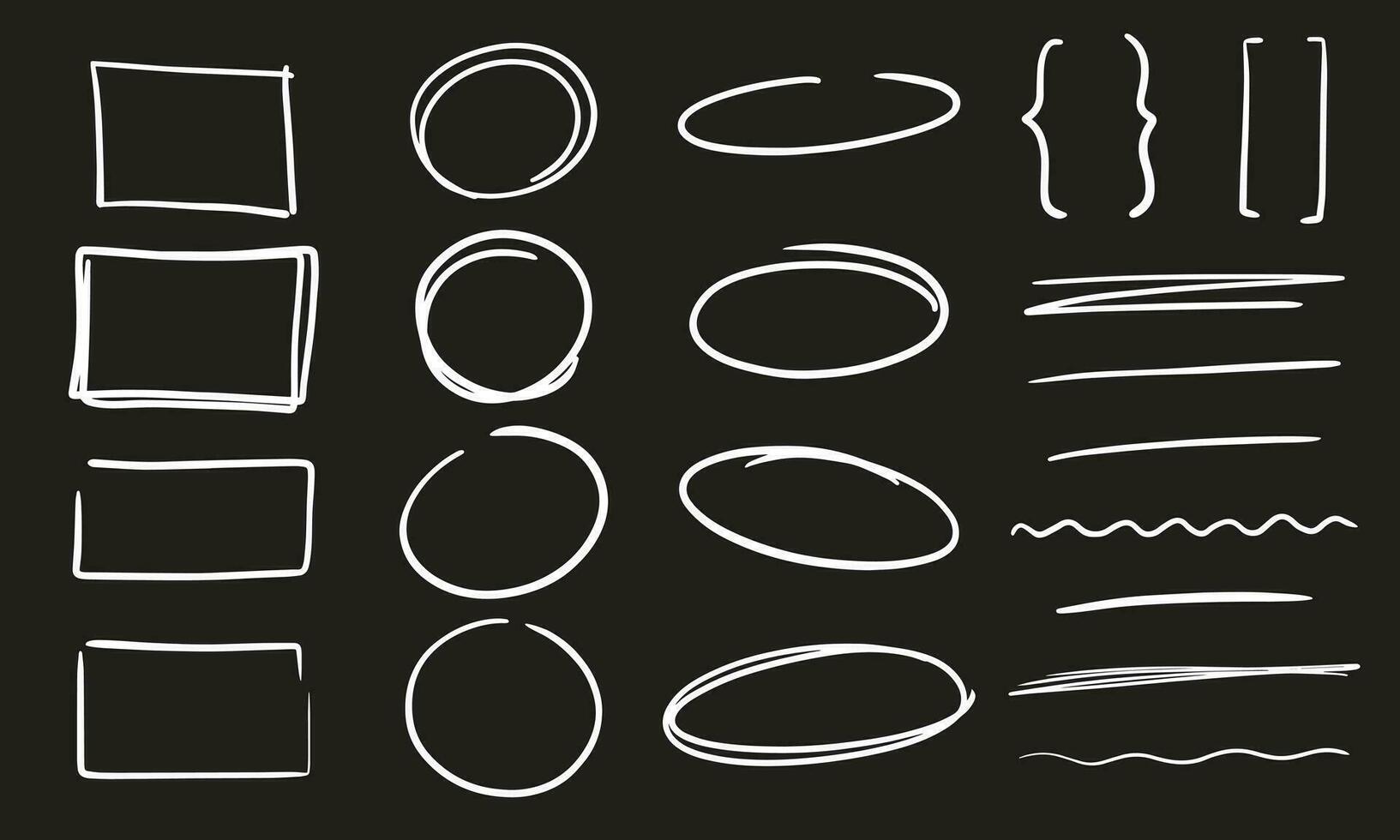 Set of hand drawn elements for selecting text. Set of rectangles, ovals, ellipses. Text field and frames. Select the frames of the circle in doodle style. Highlighting text, text selection. vector