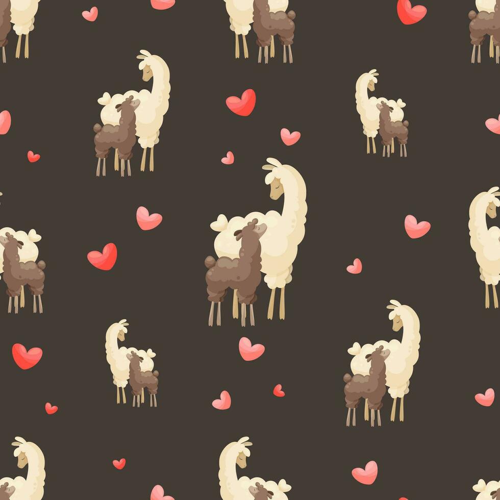 Seamless pattern with cute mother llama and baby on dark background with hearts. Mother alpaca with baby alpaca. Creative kids, childish background. For textile, fabric, clothing, wrapping paper. vector