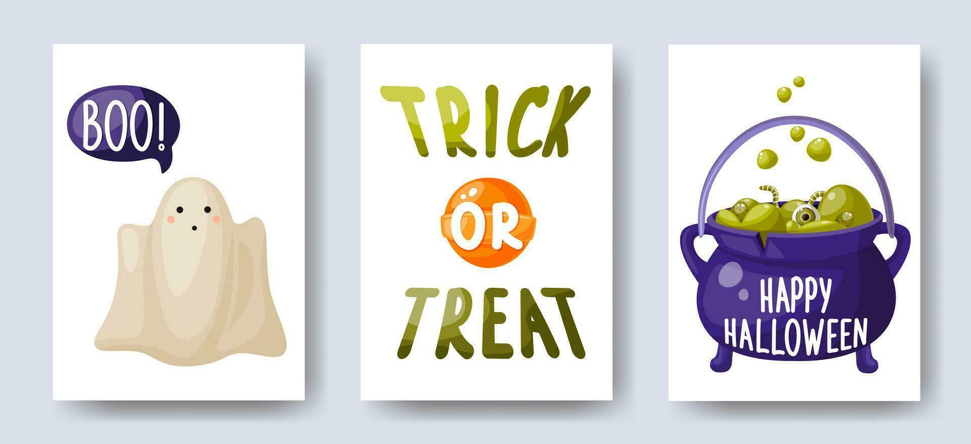 Halloween party invitations, greeting cards or posters. Halloween cards template. Set with calligraphy, a cute ghost and a cauldron with a magic potion. Vector illustration in flat style.