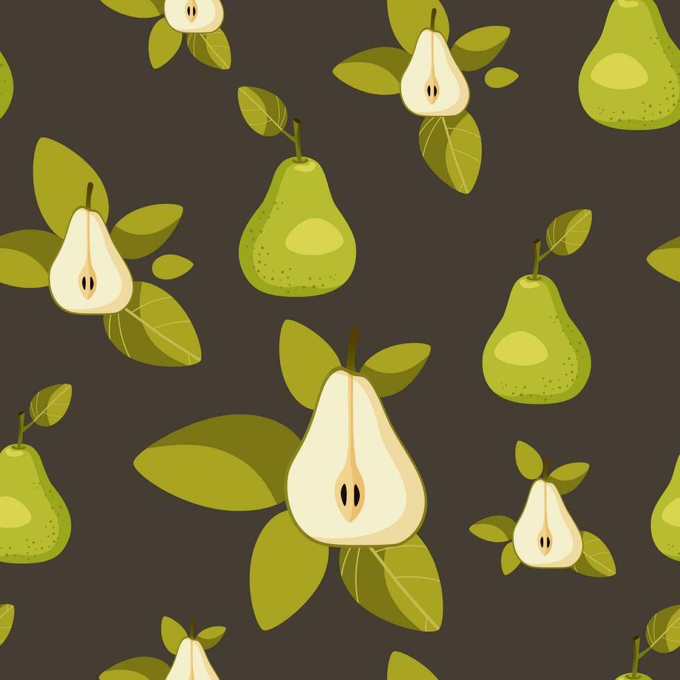 Seamless pattern of yellow green whole pear, pear halves and leaves on a dark brown background. Colorful fruit background for kitchen, wallpaper, textiles, menus, cards, posters, prints, packaging. vector