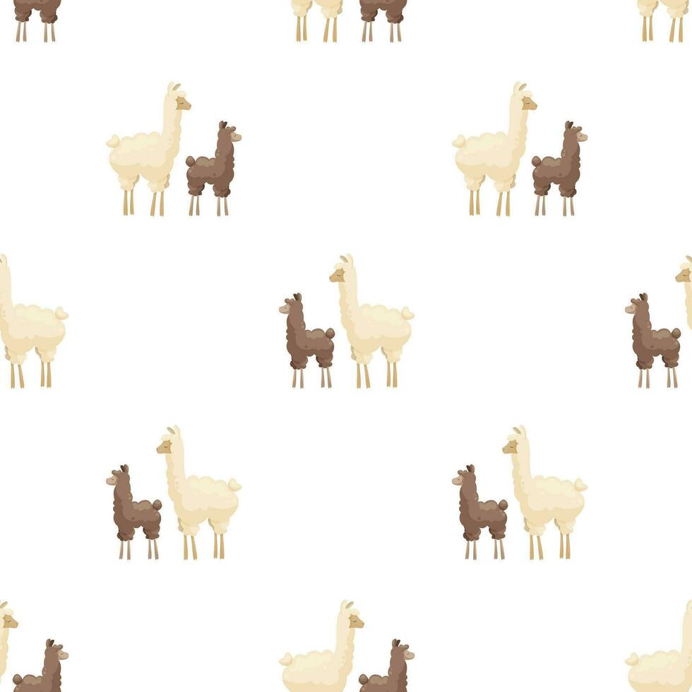 Seamless pattern with cute mother llama and baby on white background. Mother alpaca with baby alpaca. Creative kids, childish background. For textile, fabric, clothing, wrapping paper. vector
