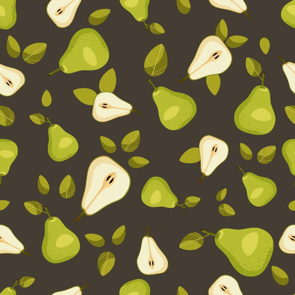 Seamless pattern of yellow green whole pear, pear halves and leaves on a dark brown background. Colorful fruit background for kitchen, wallpaper, textiles, menus, cards, posters, prints, packaging. vector