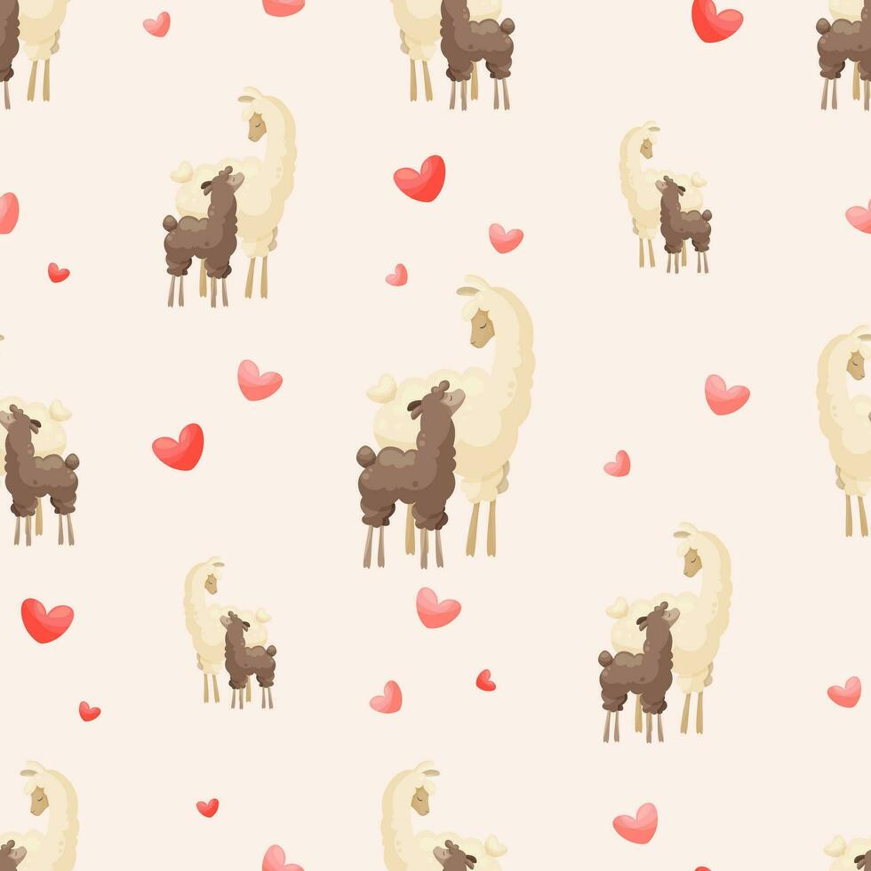 Seamless pattern with cute mother llama and baby on a pink background with hearts. Mother alpaca with baby alpaca. Creative kids, childish background. For textile, fabric, clothing, wrapping paper. vector