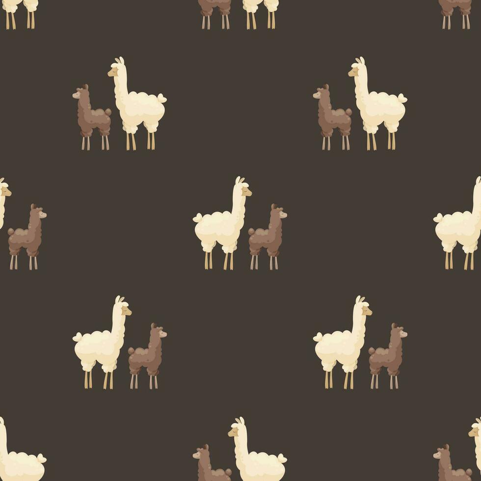 Seamless pattern with cute mother llama and baby on dark background. Mother alpaca with baby alpaca. Creative kids, childish background. For textile, fabric, clothing, wrapping paper. vector