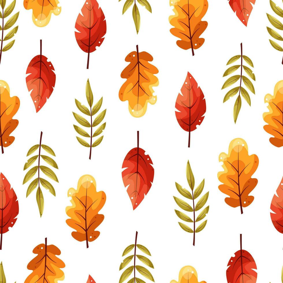 sin costura modelo con otoño roble, serbal, abedul hojas en naranja, rojo y verde colores. ideal para fondo de pantalla, regalo papel, modelo llena, web página fondo, otoño saludo tarjetas vector