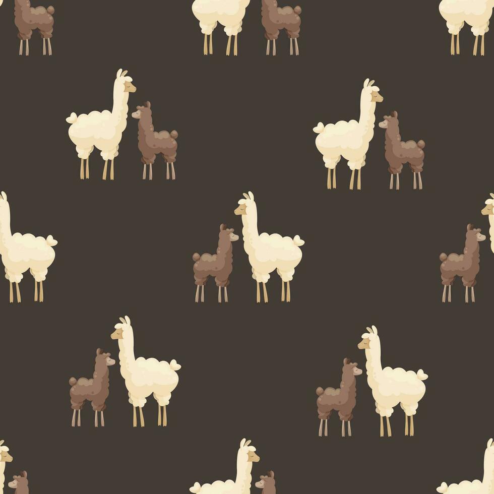 Seamless pattern with cute mother llama and baby on dark background. Mother alpaca with baby alpaca. Creative kids, childish background. For textile, fabric, clothing, wrapping paper. vector