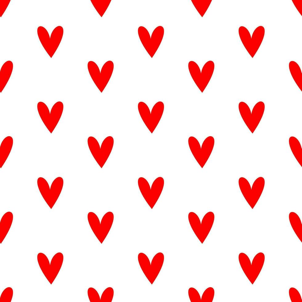 Seamless pattern of simple red hearts isolated on white for wrapping paper or fabric. Valentine's day holiday backdrop texture, romantic wedding design. Vector illustration.