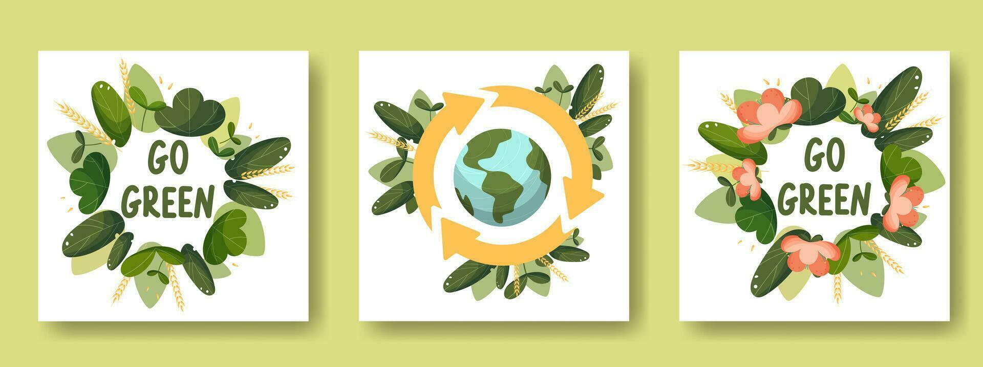 un conjunto de tarjetas en el tema de ahorro el tierra, tierra día. reciclar, amor el tierra, Vamos verde. en un guirnalda de hojas y flores vector ilustración, dibujos animados plano estilo.