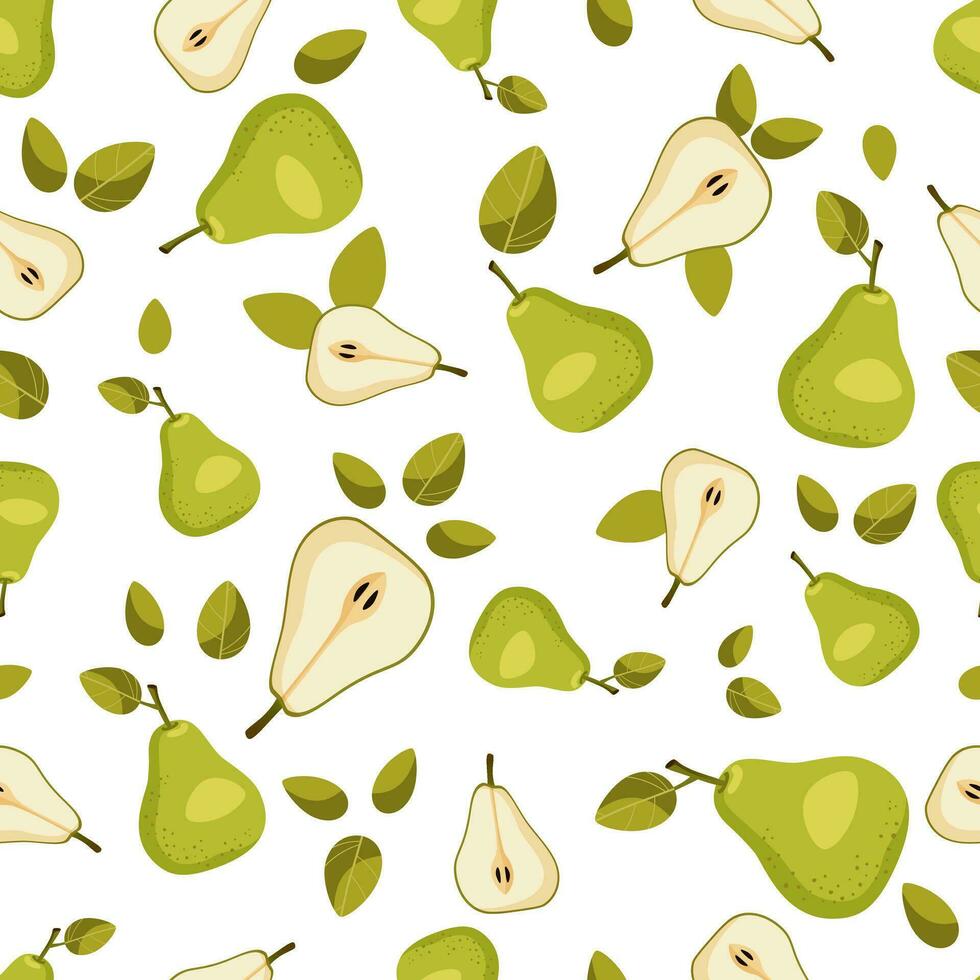 Seamless pattern of yellow green whole pear, pear halves and leaves on a white background. Colorful background texture for kitchen, wallpaper, textiles, menus, cards, posters, prints, packaging. vector