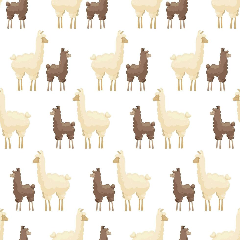 Seamless pattern with cute mother llama and baby on white background. Mother alpaca with baby alpaca. Creative kids, childish background. For textile, fabric, clothing, wrapping paper. vector