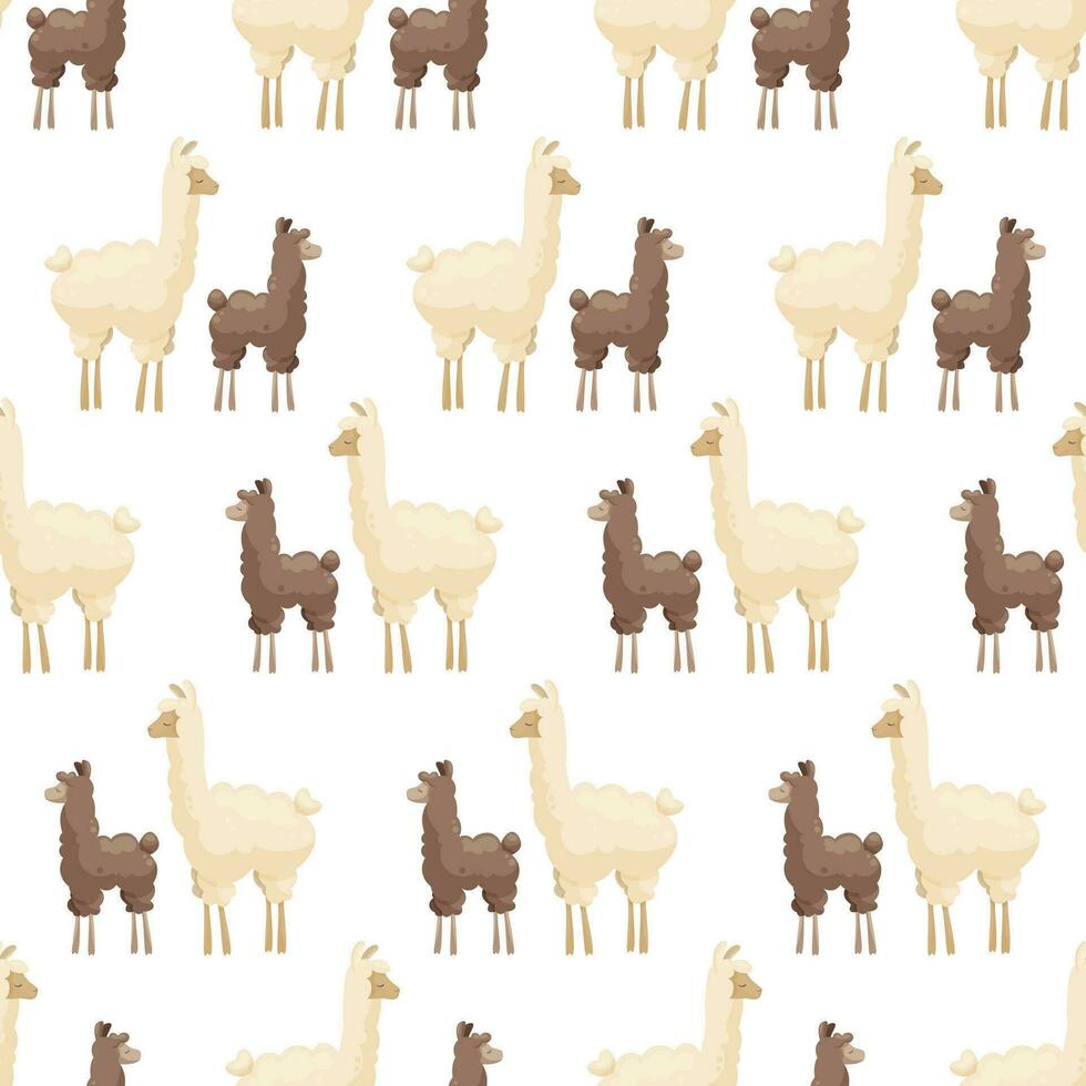 sin costura modelo con linda madre llama y bebé en blanco antecedentes. madre alpaca con bebé alpaca. creativo niños, infantil antecedentes. para textil, tela, ropa, envase papel. vector