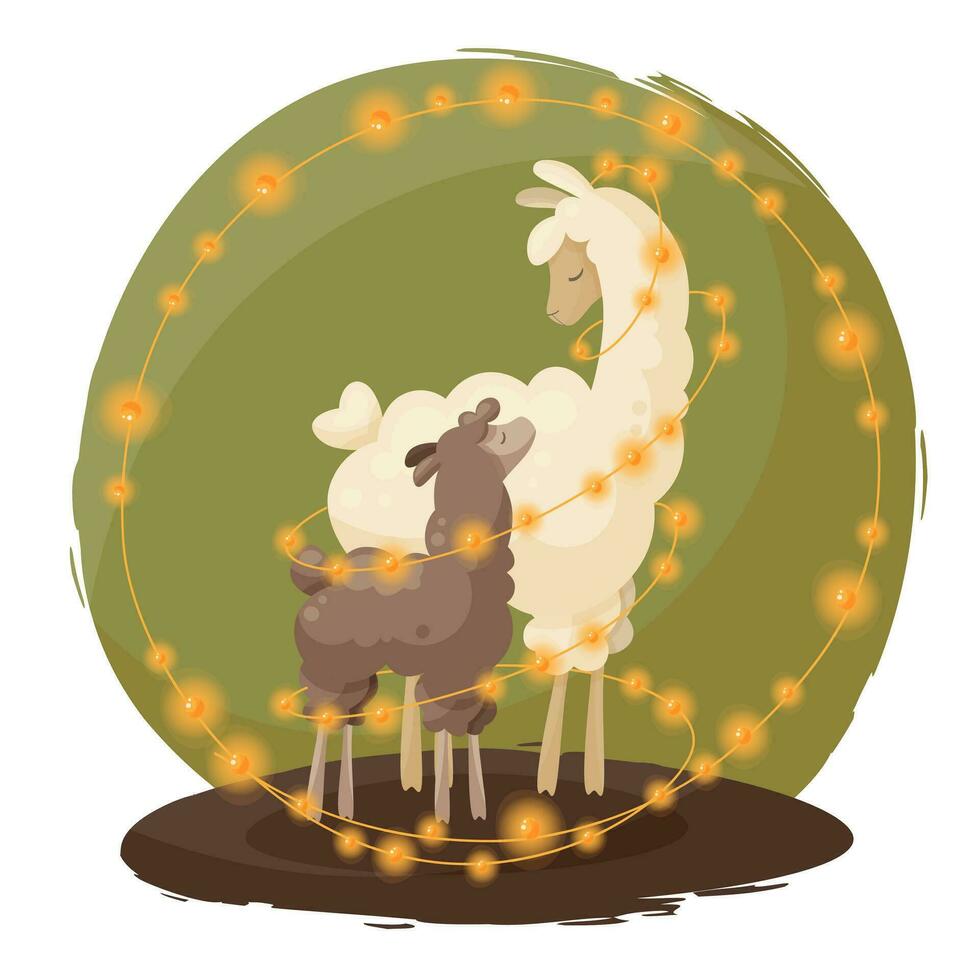 Curly mother llama with baby, decorated with garlands, on a green background. A parent animal and its child. Vector illustration, mother's day, baby shower cards, birthday, autumn cozy, new year