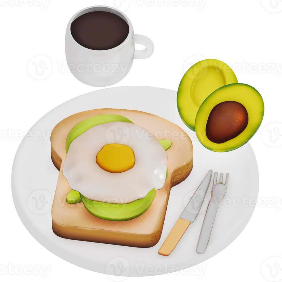 Egg with Avocado Toast and Black coffee For Breakfast 3D Isolated Illustration . 3D rendering png