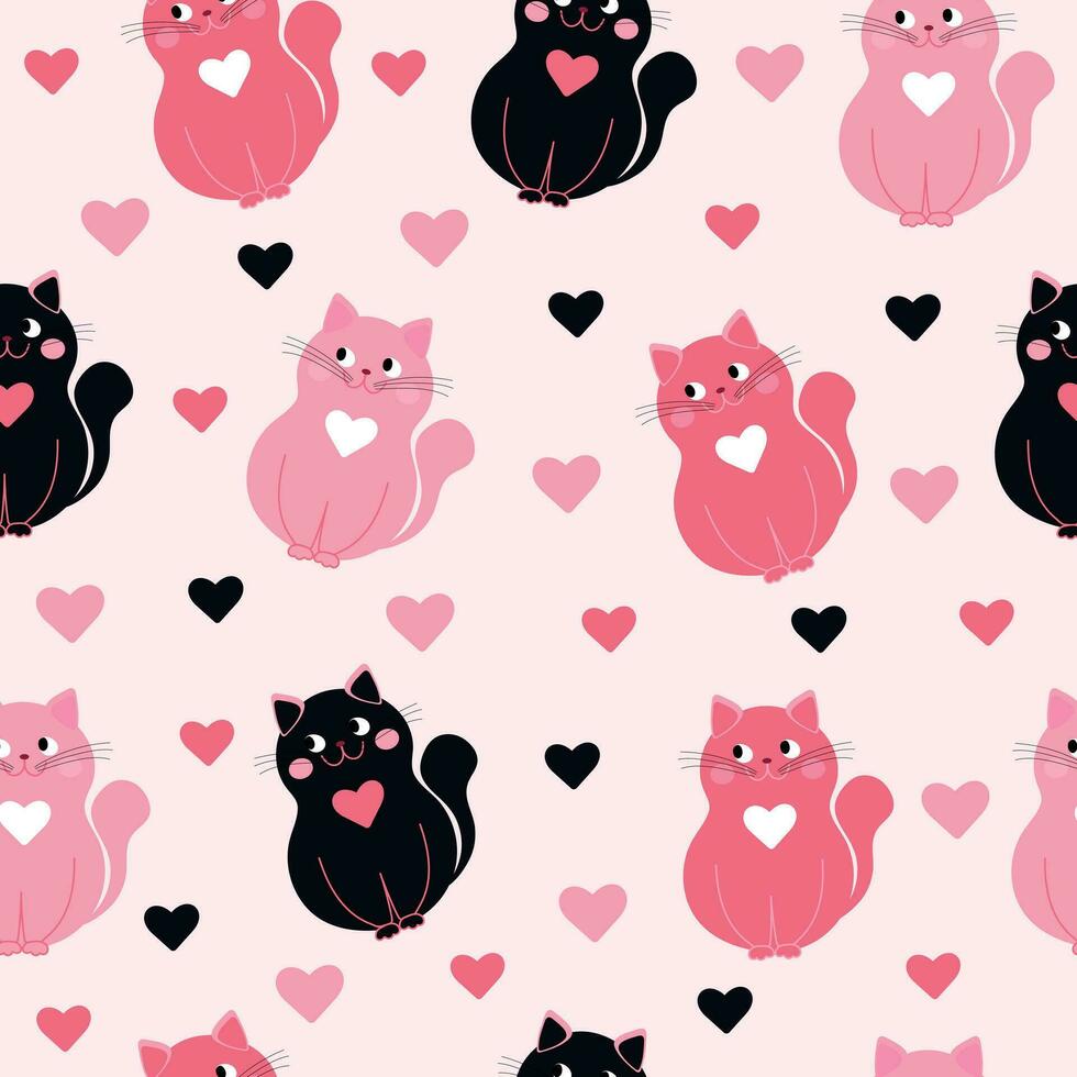 Seamless pattern with cute cats. Pink and black cats. vector