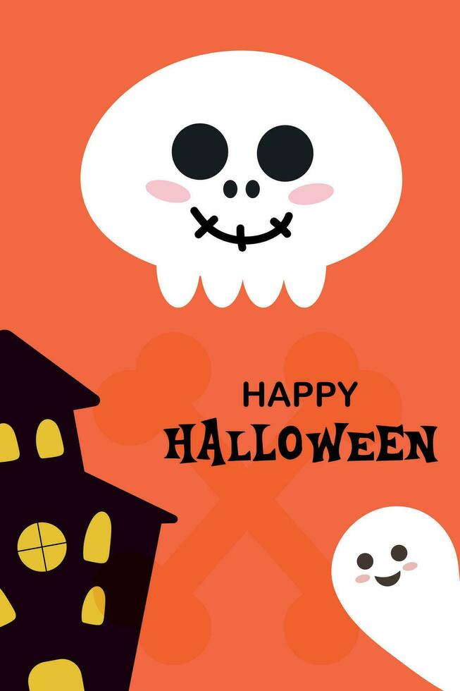 Halloween card with skull, scary castle and ghost. vector