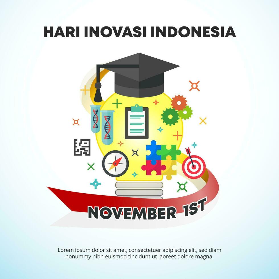 Square Hari Inovasi Indonesia or Indonesian Innovation Day background with bulb idea and flag vector