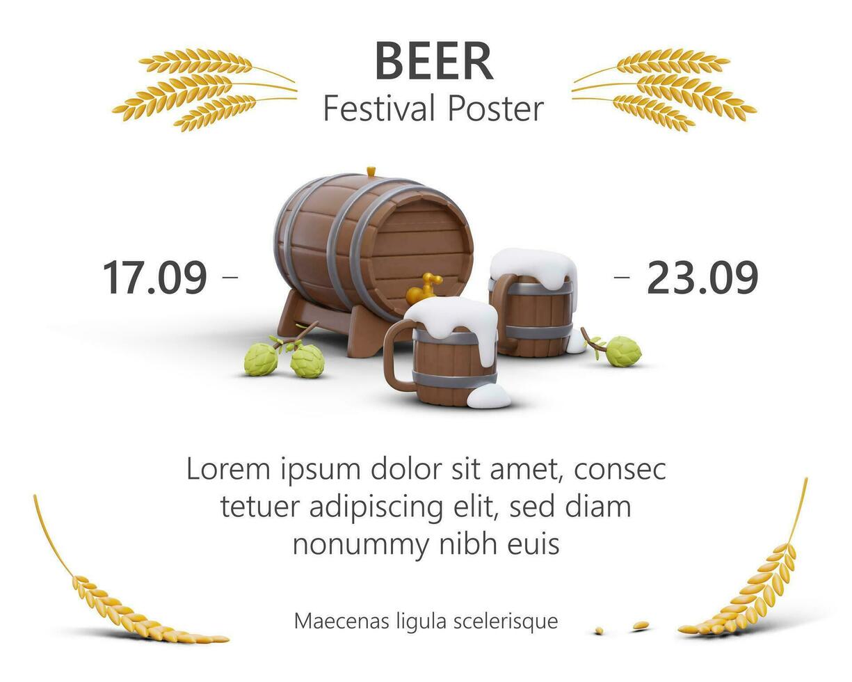 Color announcement with editable text, dates, 3D brewing symbols. Template for beer festival poster vector