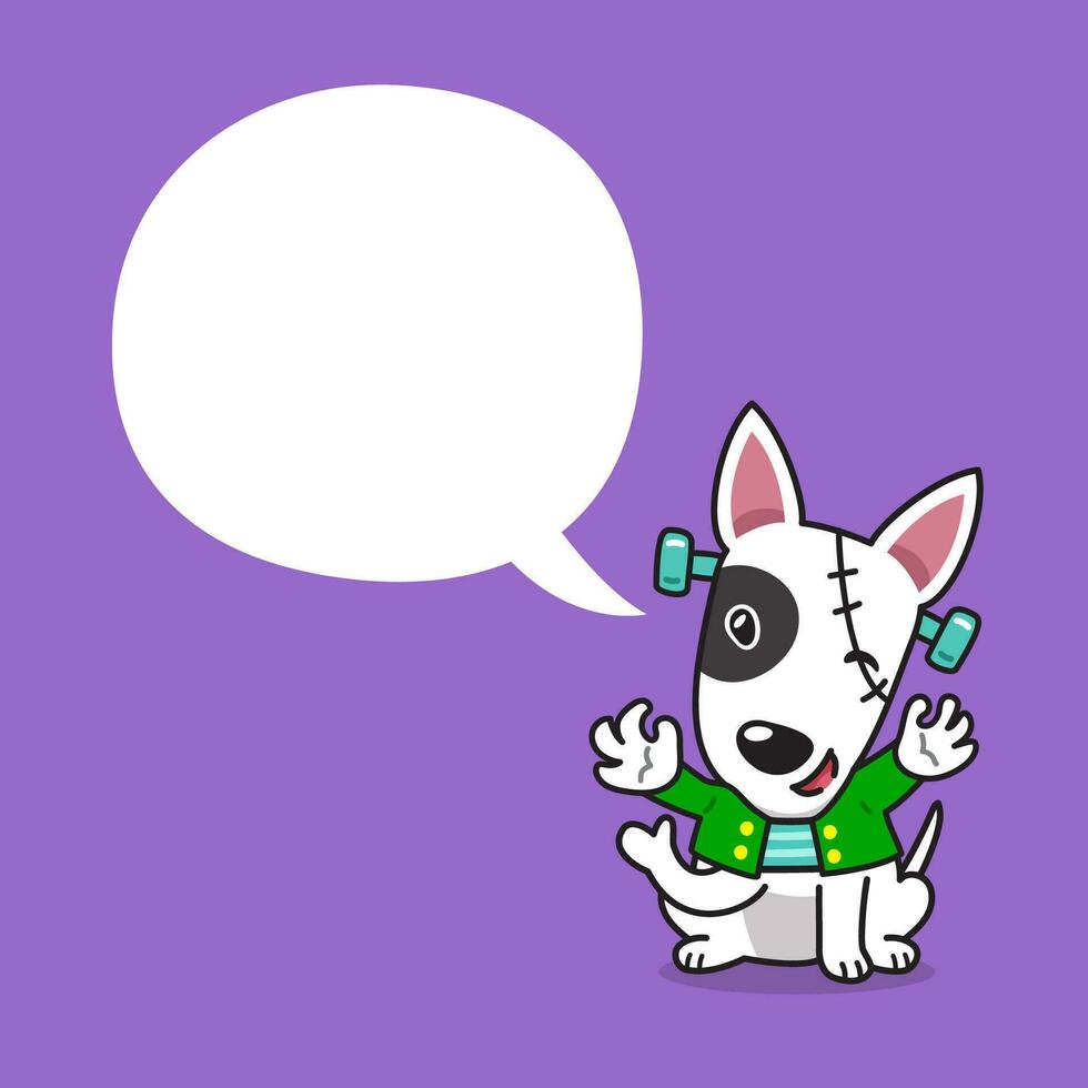 dibujos animados toro terrier perro con Víspera de Todos los Santos disfraz y habla burbuja vector