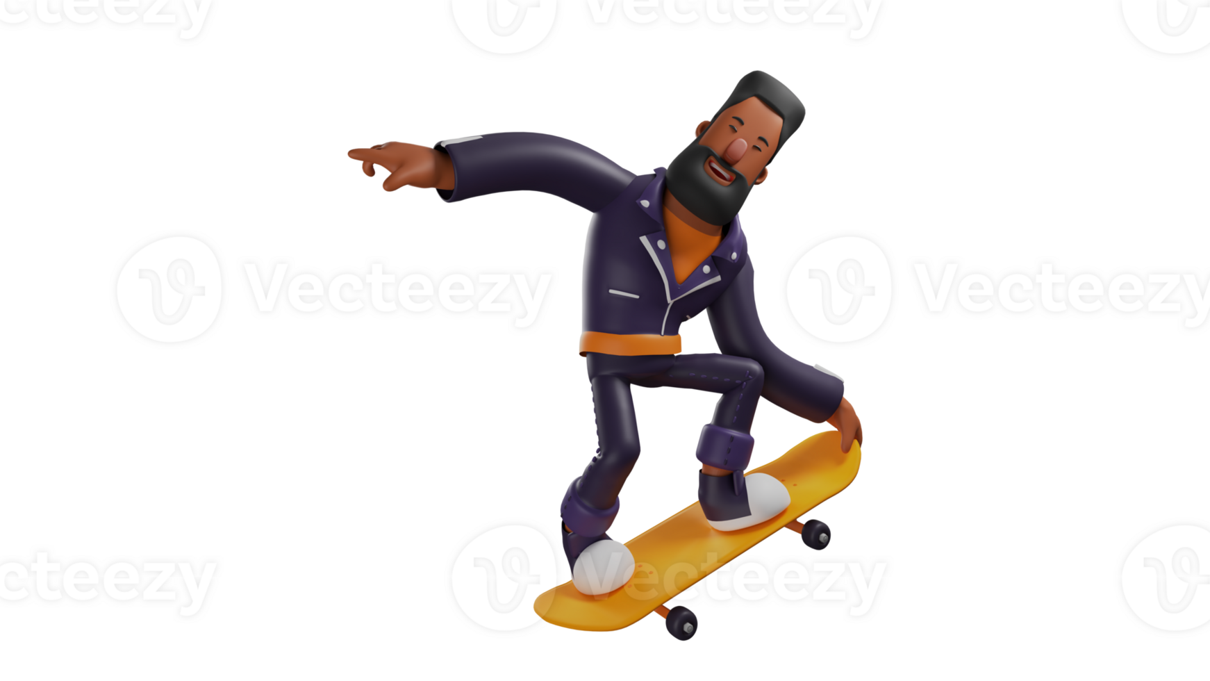 3D Illustration. Expert Man 3D cartoon character. A bearded man who shows his expertise in playing skateboard. Cool men who smile happily and wear cool clothes. 3D cartoon character png