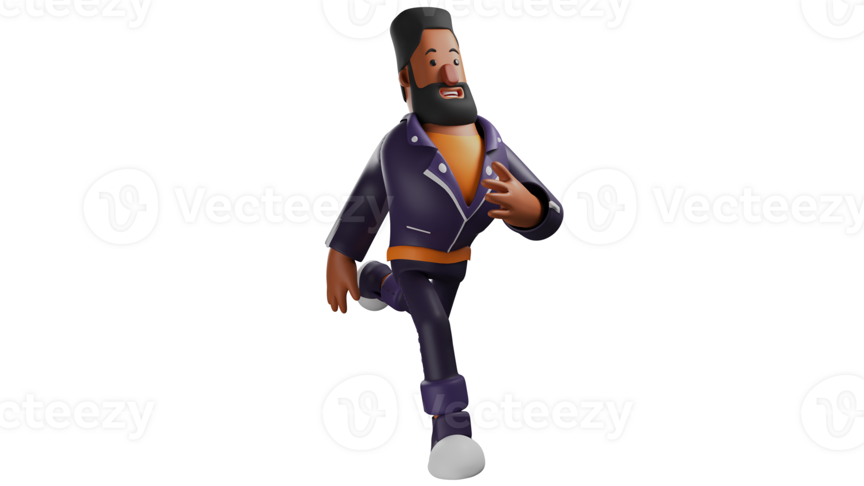 3D illustration. Cool Man 3D Cartoon Character. A bearded man is running fast chasing something. Mature men who wear jackets and dress very cool. 3D cartoon character png