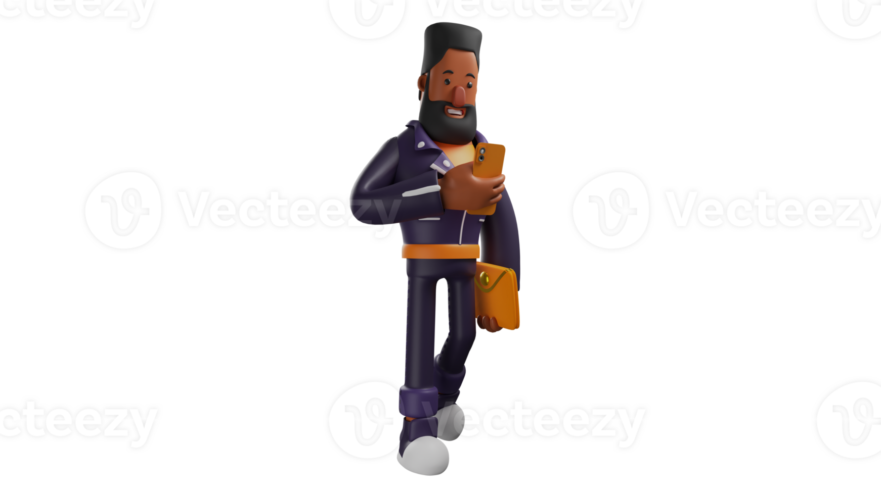 3D illustration. Young Man 3D Cartoon Character. A bearded man is looking at something on his cellphone. The young boss paid a visit to his office. 3D cartoon character png
