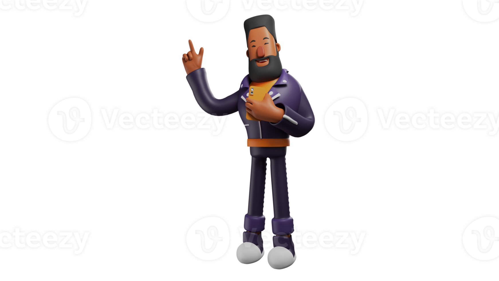 3D Illustration. Happy Bearded Men 3D cartoon character. Men hold a cellphone with a yellow case. The young man smiled was raising one hand. 3D cartoon character png