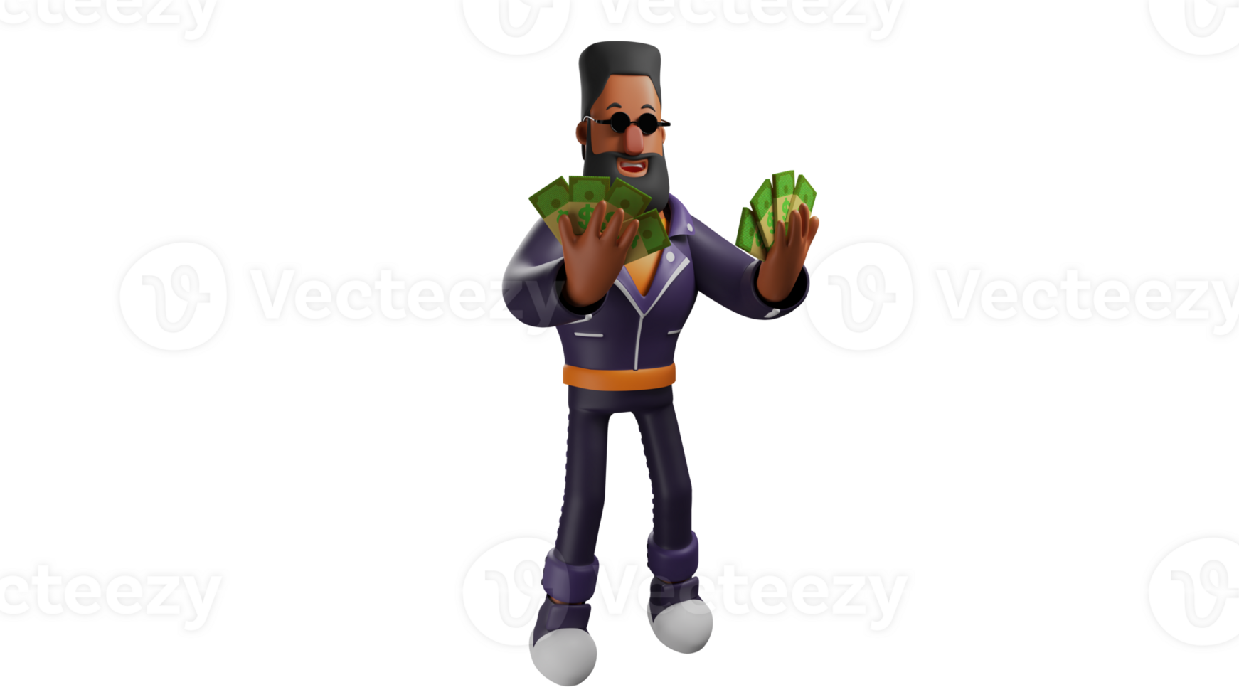 3D illustration. Rich Man 3D Cartoon Character. A rich man with a beard. Bearded man wearing sunglasses and holding a lot of money in both hands. 3D cartoon character png