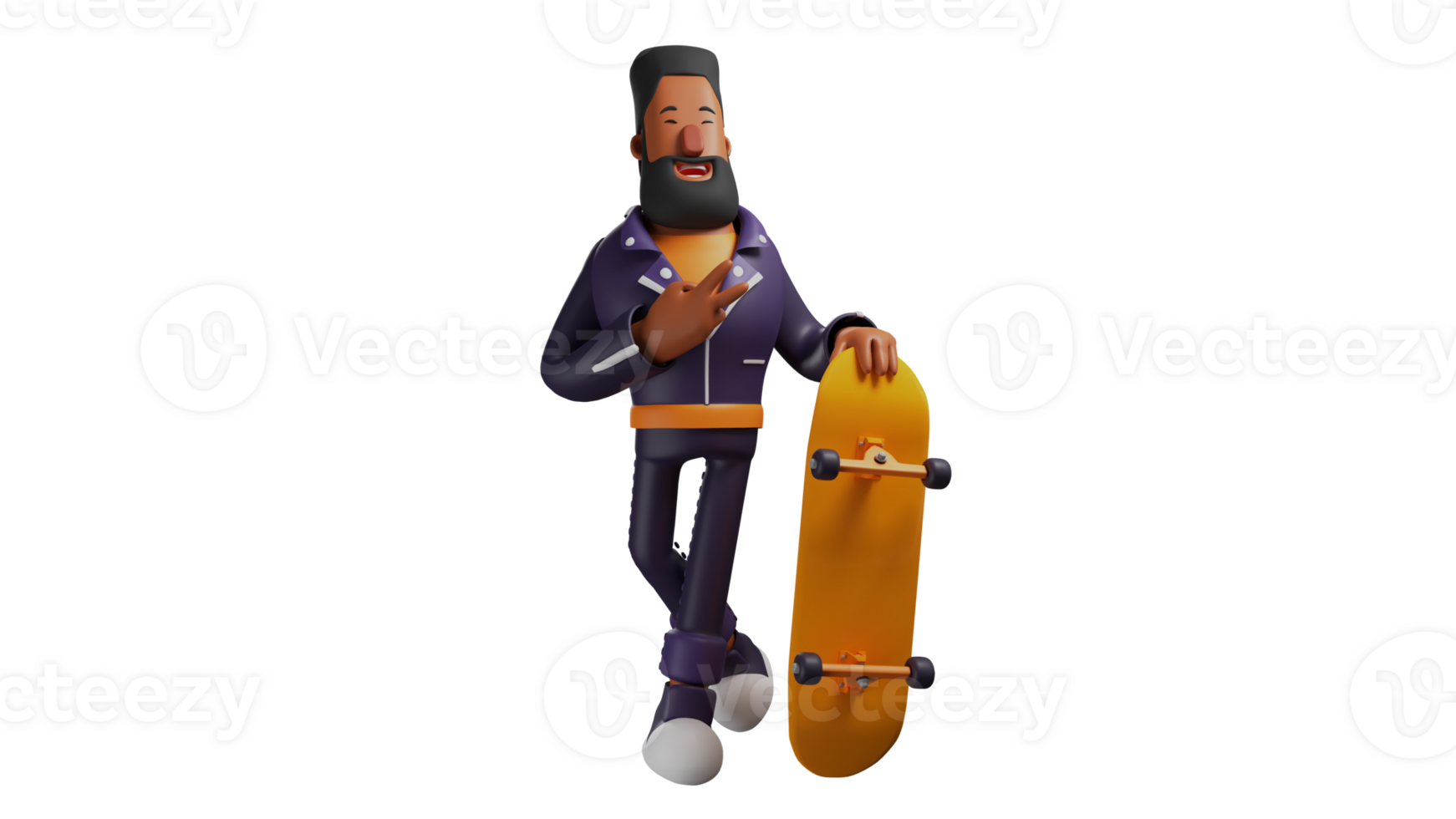 3D Illustration. Cool Beard 3D Cartoon Character. Adult men stand while holding a yellow skateboard. A bearded man smiled sweetly. 3D cartoon character png