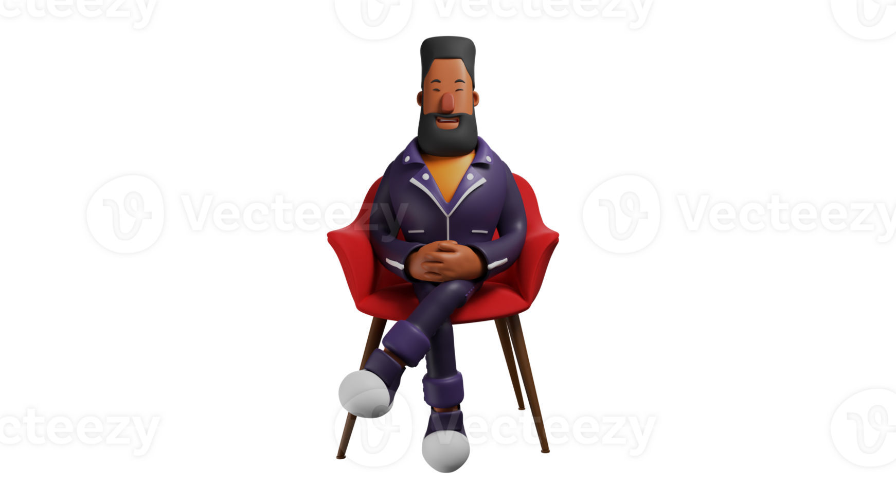 3D Illustration. Entrepreneur 3D Cartoon Character. The businessman sits in a red chair. The businessman sat by crossing his legs and putting his hands on his feet. 3D cartoon character png