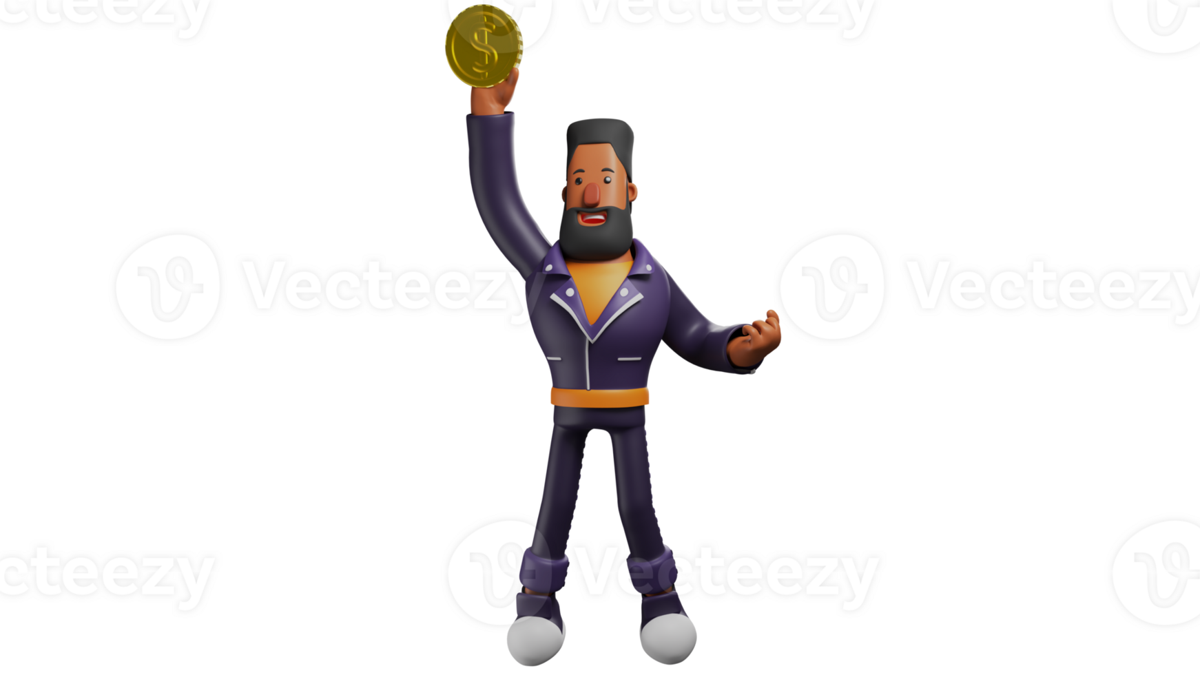 3D Illustration. Successful Men 3D Cartoon Character. The man stood up while lifting a gold coin he got. A bearded man smiled and showed his happy expression. 3D cartoon character png