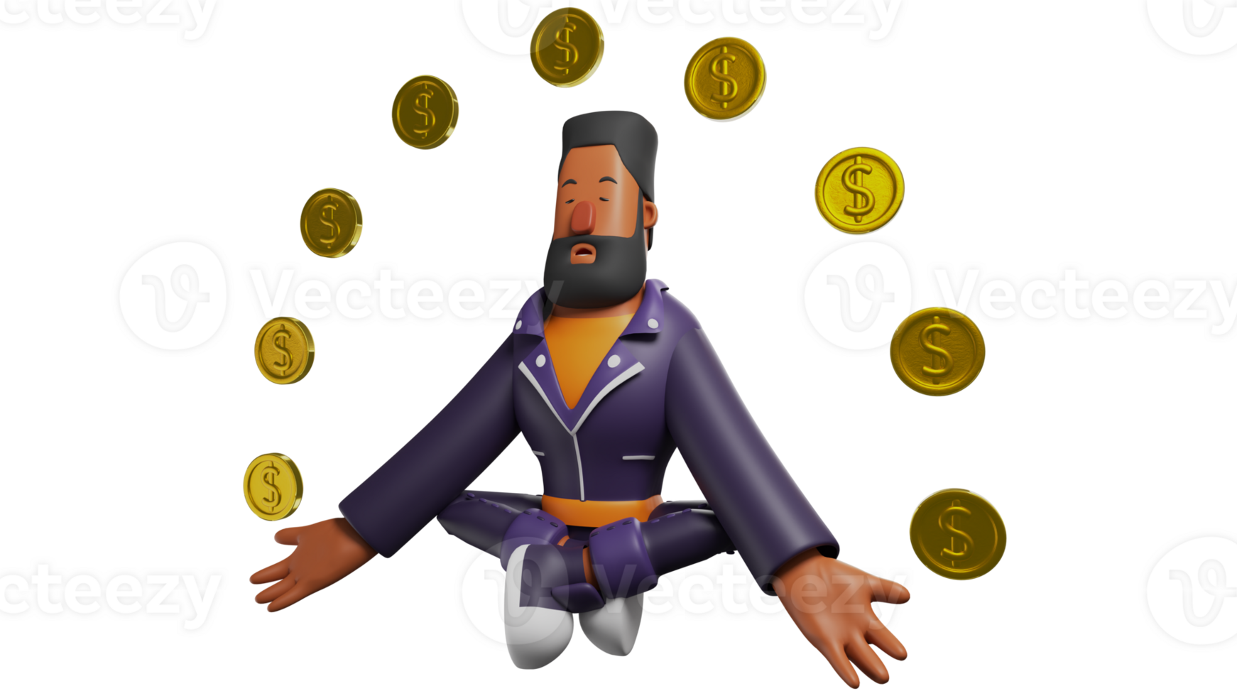 3D illustration. Bearded Man 3D Cartoon Character. The man is in a mediation pose and has his eyes open. A man with a thick beard sits surrounded by gold coins. 3D cartoon character png