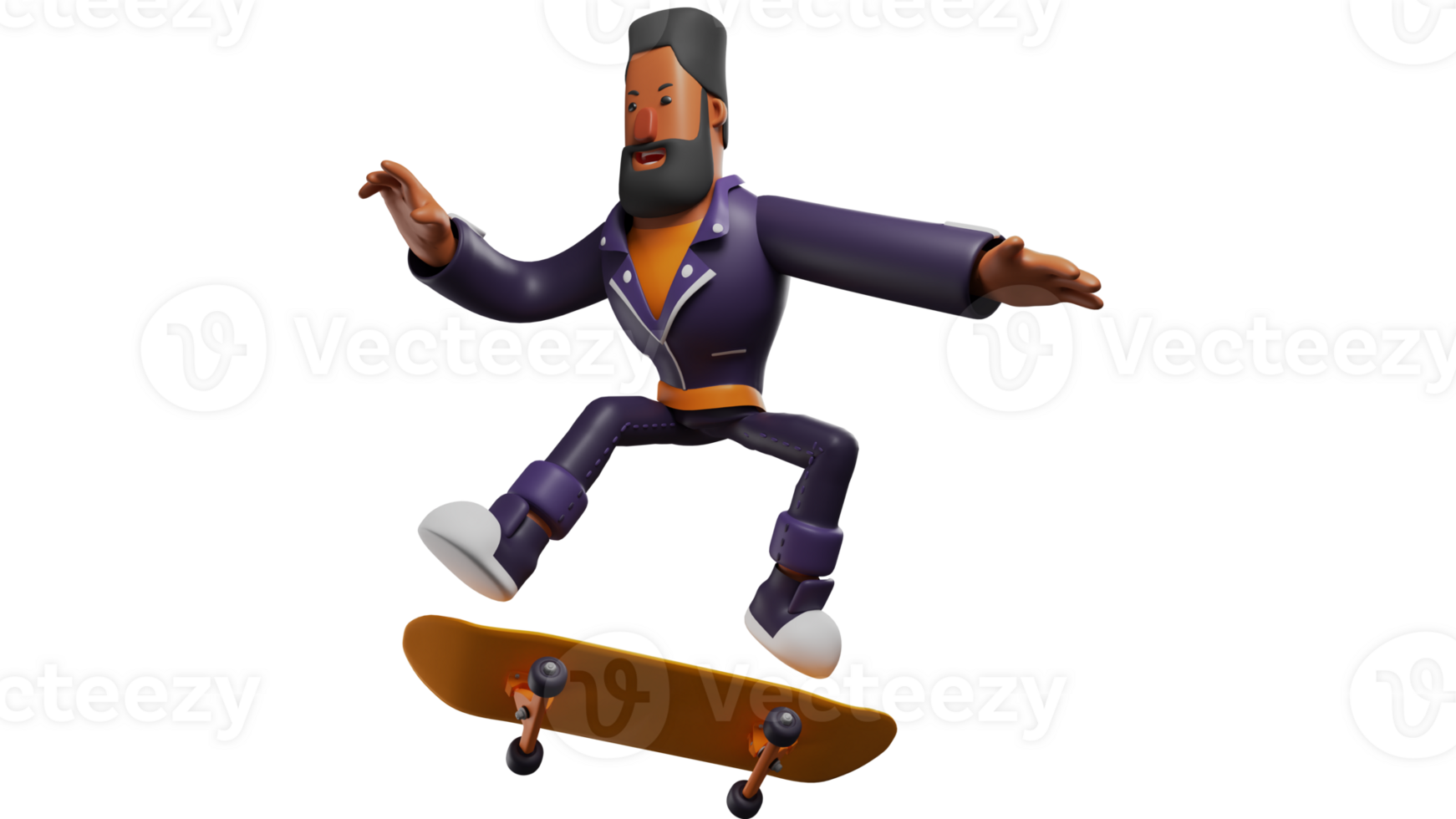 3D Illustration. Happy Men 3D cartoon character. The beard man played skate in his leisure time. Adult men who enjoy his vacation time with pleasure. 3D cartoon character png