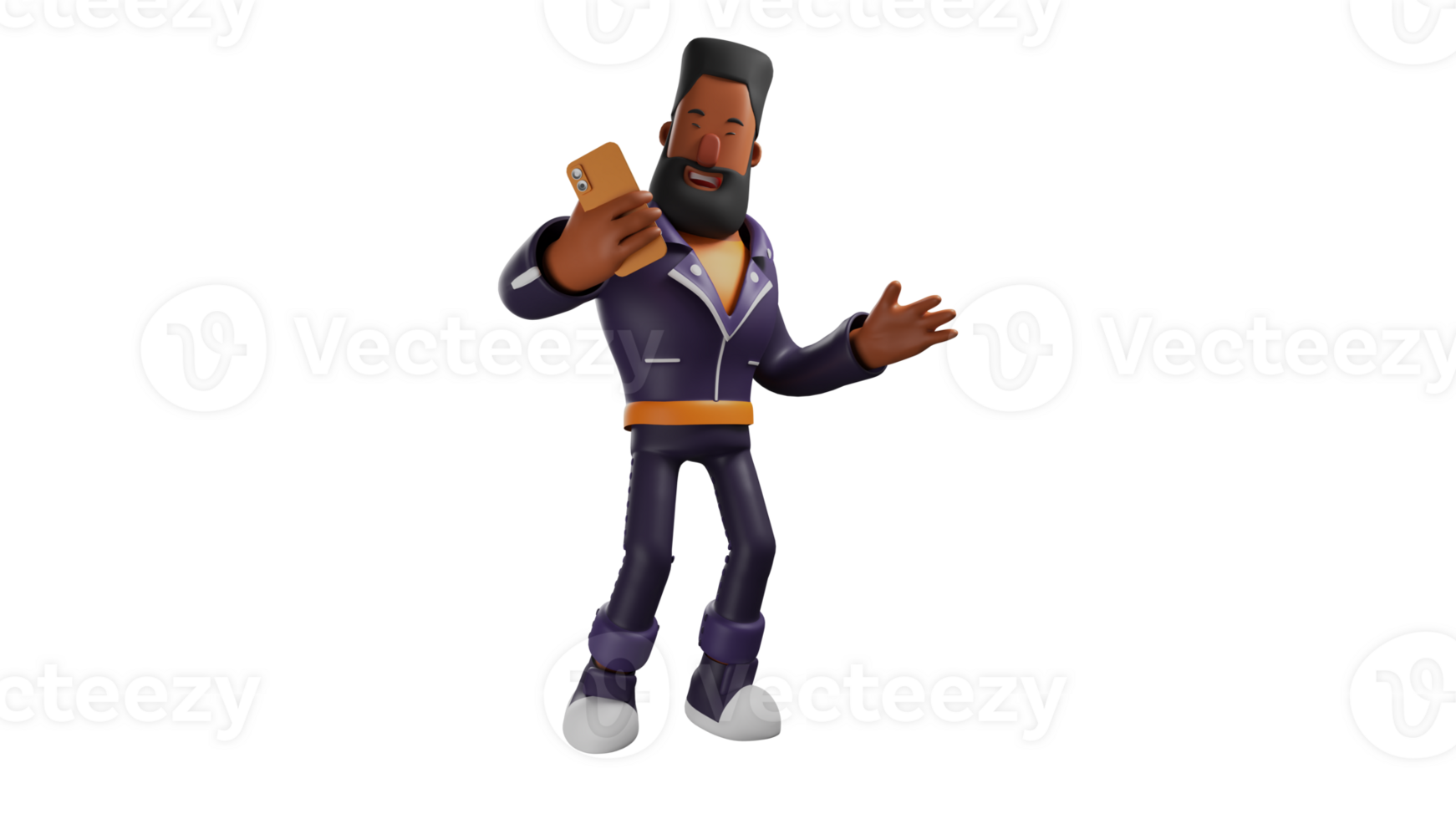 3D illustration. Narcissistic Bearded Man 3D Cartoon Character. A bearded man is taking a selfie using the cellphone he is holding. The bearded man showed his sweet smile. 3D cartoon character png