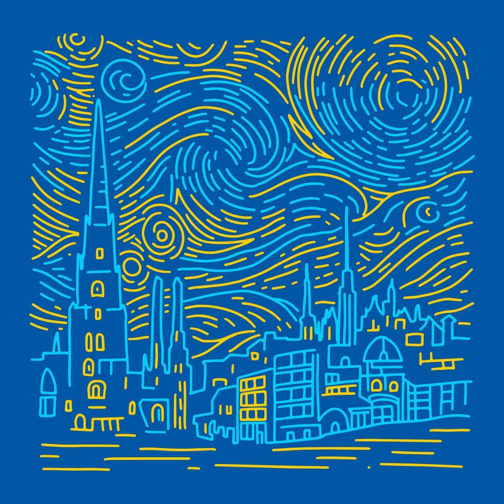 Glowing yellow stars and blue sky with city. Abstract linear background. Vector pattern in the style of impressionist paintings.