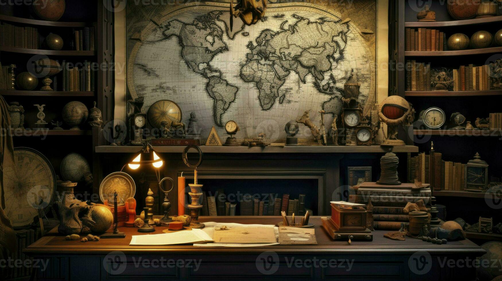 Geologist work desk. On his desk are map case, geological hammer, compass, magnifying glass, drill core, rock samples, topographic and geological maps, AI Generated photo