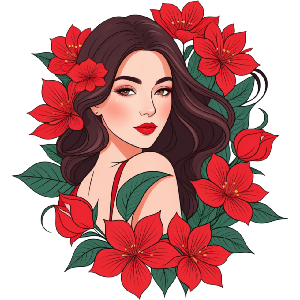 Cartoon female lady with red flowers. AI Generative png