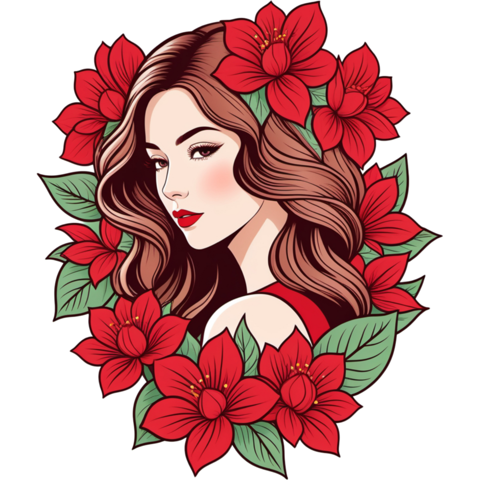 Cartoon female lady with red flowers. AI Generative png