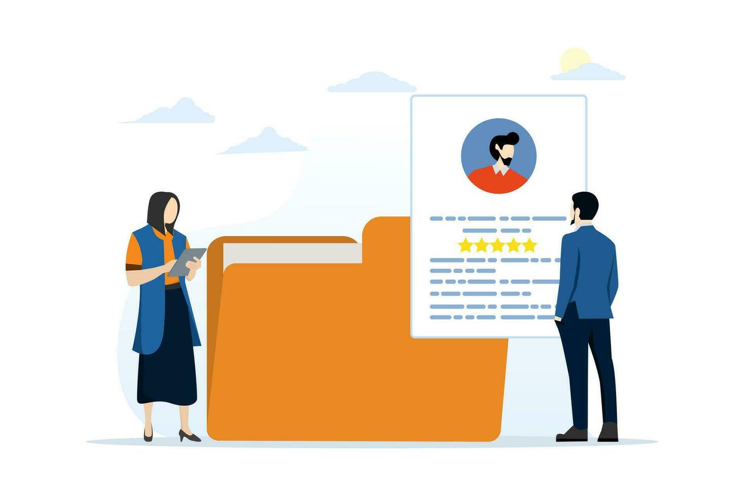 Job vacancy concept, headhunting. People select and analyze job candidates with good feedback. Recruitment or headhunting agencies. Vector illustration for UI, web banner, app.