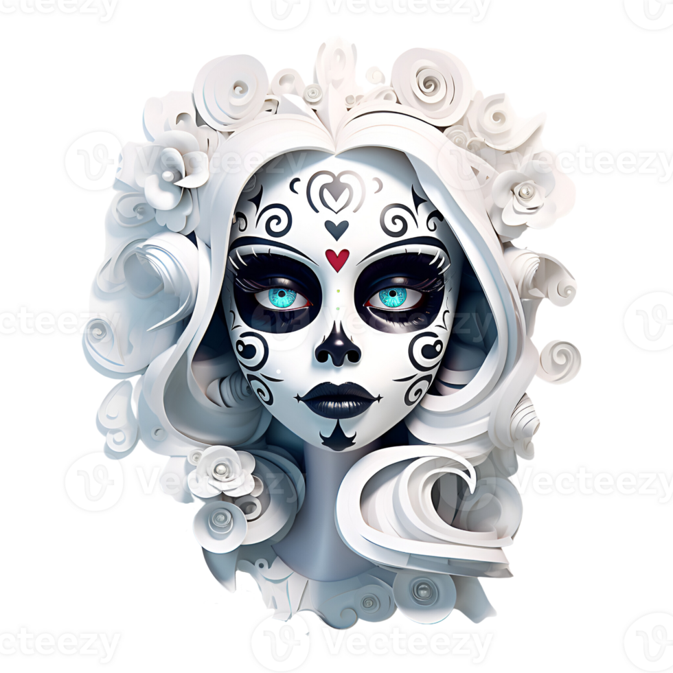 Artistic Cartoon Style Day of the Dead Style Girl Makeup Costume Candy Skull Makeup No Background Perfect for Print on Demand AI Generative png