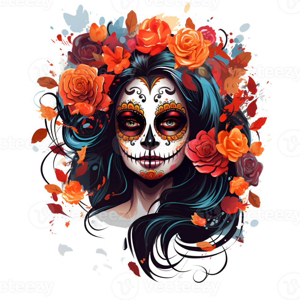 Artistic Cartoon Style Day of the Dead Style Girl Makeup Costume Candy Skull Makeup No Background Perfect for Print on Demand AI Generative png