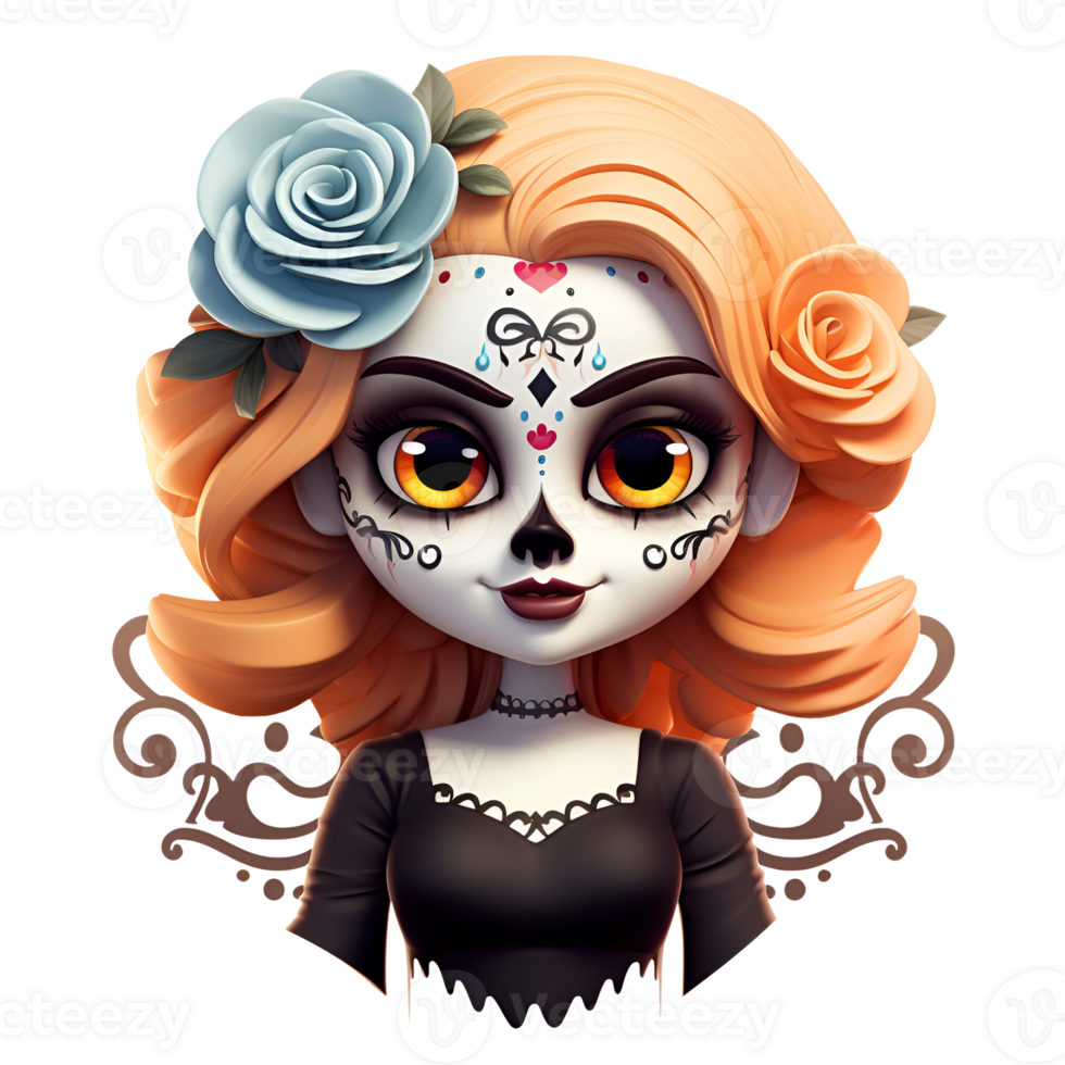 Artistic Cartoon Style Day of the Dead Style Girl Makeup Costume Candy Skull Makeup No Background Perfect for Print on Demand AI Generative png