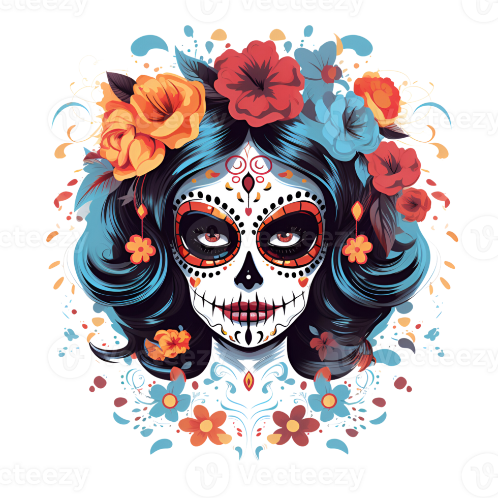 Artistic Cartoon Style Day of the Dead Style Girl Makeup Costume Candy Skull Makeup No Background Perfect for Print on Demand AI Generative png
