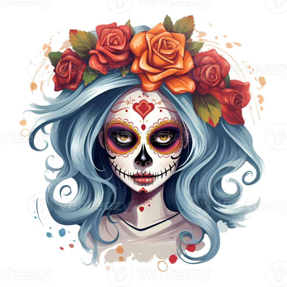 Artistic Cartoon Style Day of the Dead Style Girl Makeup Costume Candy Skull Makeup No Background Perfect for Print on Demand AI Generative png