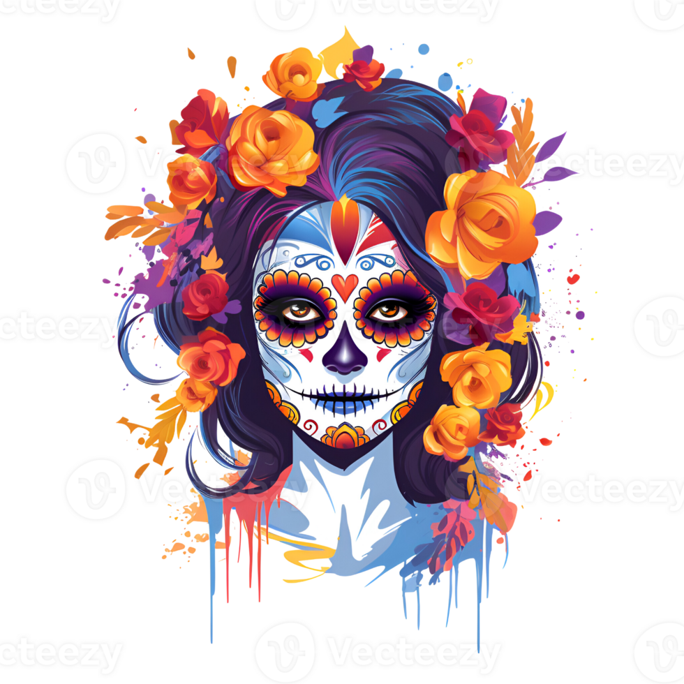 Artistic Cartoon Style Day of the Dead Style Girl Makeup Costume Candy Skull Makeup No Background Perfect for Print on Demand AI Generative png